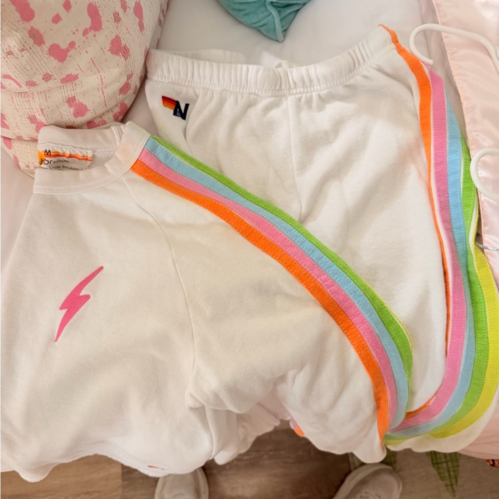 Aviator Nation White Sweat Set with Rainbow Side Stripes